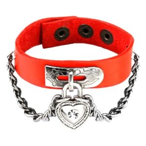 Red Leather Bracelet with Chain Linked CZ Heart Lock Charm Y2K